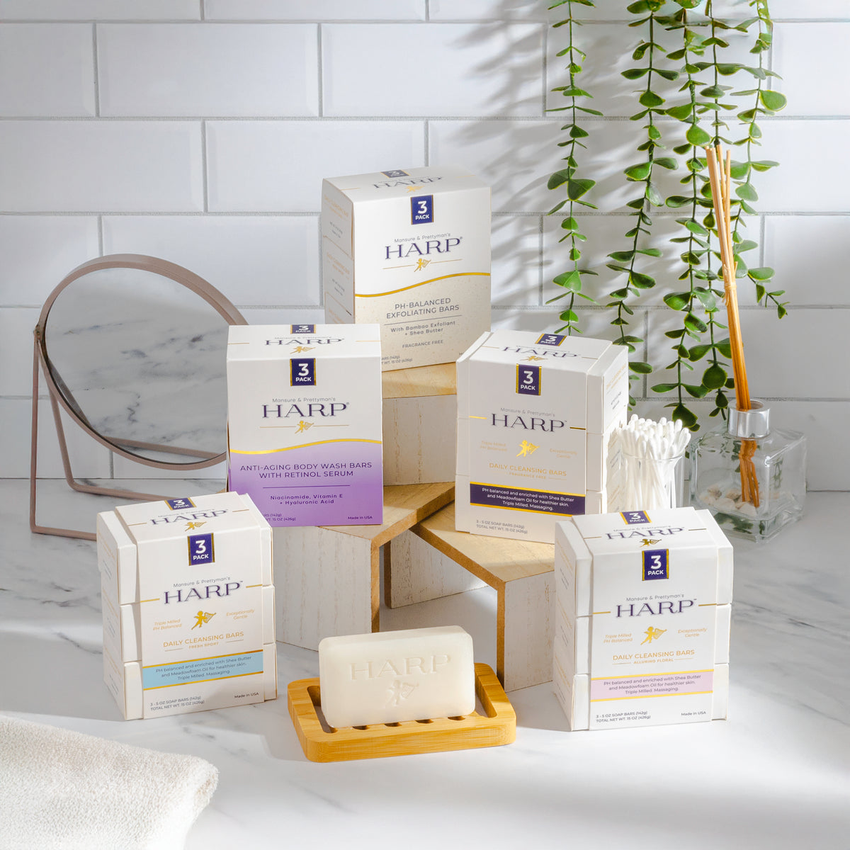 HARP body wash bars and cartons displayed on a bathroom counter