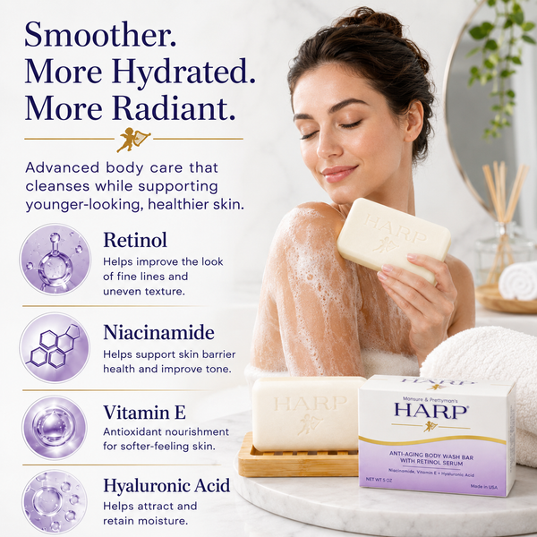 HARP® Anti-Aging Body Wash Bar with Retinol – pH Balanced Syndet Cleanser, FRAGRANCE FREE, Soap-Free & No Lye, Non-Comedogenic, With Niacinamide, Hyaluronic Acid & Vitamin E, 5 oz