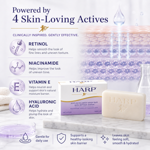 HARP® Anti-Aging Body Wash Bar with Retinol – pH Balanced Syndet Cleanser, FRAGRANCE FREE, Soap-Free & No Lye, Non-Comedogenic, With Niacinamide, Hyaluronic Acid & Vitamin E, 5 oz