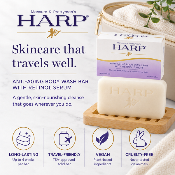 HARP® Anti-Aging Body Wash Bar with Retinol – pH Balanced Syndet Cleanser, FRAGRANCE FREE, Soap-Free & No Lye, Non-Comedogenic, With Niacinamide, Hyaluronic Acid & Vitamin E, 5 oz