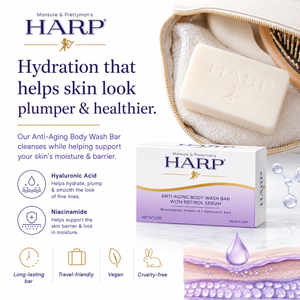 HARP® Anti-Aging Body Wash Bar with Retinol – pH Balanced Syndet Cleanser, FRAGRANCE FREE, Soap-Free & No Lye, Non-Comedogenic, With Niacinamide, Hyaluronic Acid & Vitamin E, 5 oz