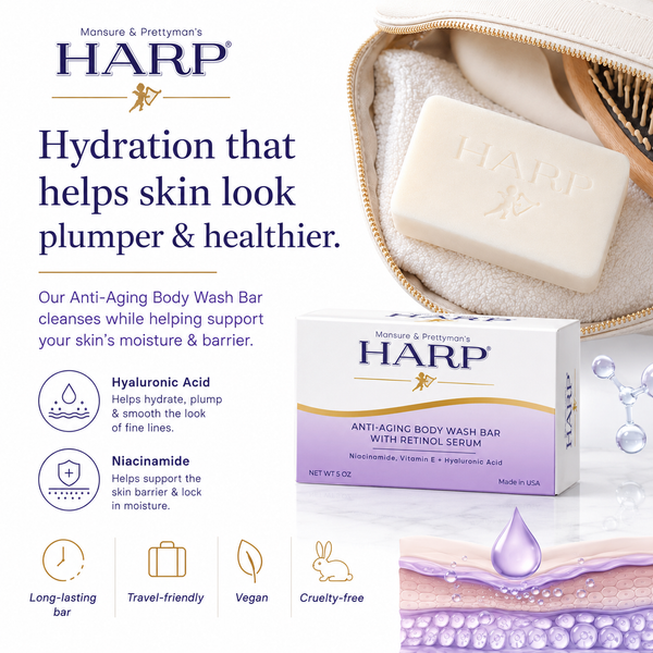 HARP® Anti-Aging Body Wash Bar with Retinol – pH Balanced Syndet Cleanser, FRAGRANCE FREE, Soap-Free & No Lye, Non-Comedogenic, With Niacinamide, Hyaluronic Acid & Vitamin E, 5 oz