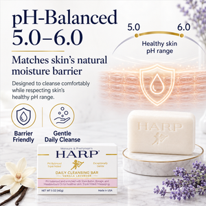 HARP® Vanilla Lavender Body Wash Bar – pH Balanced (5.0–6.0) Syndet Cleanser, Soap-Free & No Lye, Non-Comedogenic, Gentle for Sensitive & Dry Skin, With Shea Butter & Borage Oil. 5oz Bar.