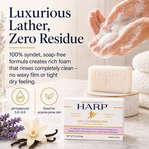 HARP® Vanilla Lavender Body Wash Bar – pH Balanced (5.0–6.0) Syndet Cleanser, Soap-Free & No Lye, Non-Comedogenic, Gentle for Sensitive & Dry Skin, With Shea Butter & Borage Oil. 5oz Bar.