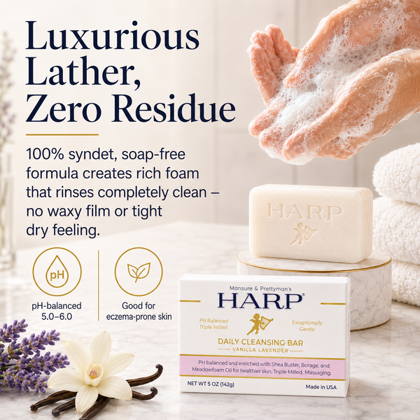 HARP® Vanilla Lavender Body Wash Bar – pH Balanced (5.0–6.0) Syndet Cleanser, Soap-Free & No Lye, Non-Comedogenic, Gentle for Sensitive & Dry Skin, With Shea Butter & Borage Oil. 5oz Bar.