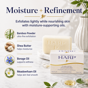 HARP® Exfoliating Body Wash Bar – pH Balanced Syndet Cleanser with Bamboo Powder, FRAGRANCE-FREE, Soap-Free & No Lye, Non-Comedogenic, Gentle Exfoliation for Smooth Skin, 5 oz