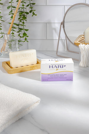 HARP Anti-Aging Body Wash Bar With Retinol Serum + Niacinamide, Vitamin E, Hyaluronic Acid. 100% Syndet Base. Soap/Lye-Free and Fragrance Free