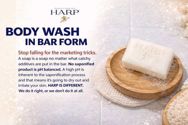 HARP® FRAGRANCE FREE Body Wash Bar – pH Balanced (5.0–6.0) Syndet Cleanser, No Lye, Non-Comedogenic, Gentle for Sensitive & Dry Skin, With Shea Butter & Borage Oil. 5oz Bars