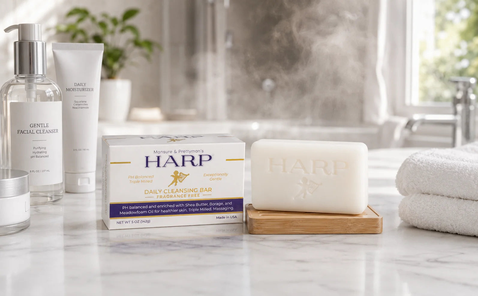 HARP fragrance-free cleansing bar and carton in a bright bathroom setting